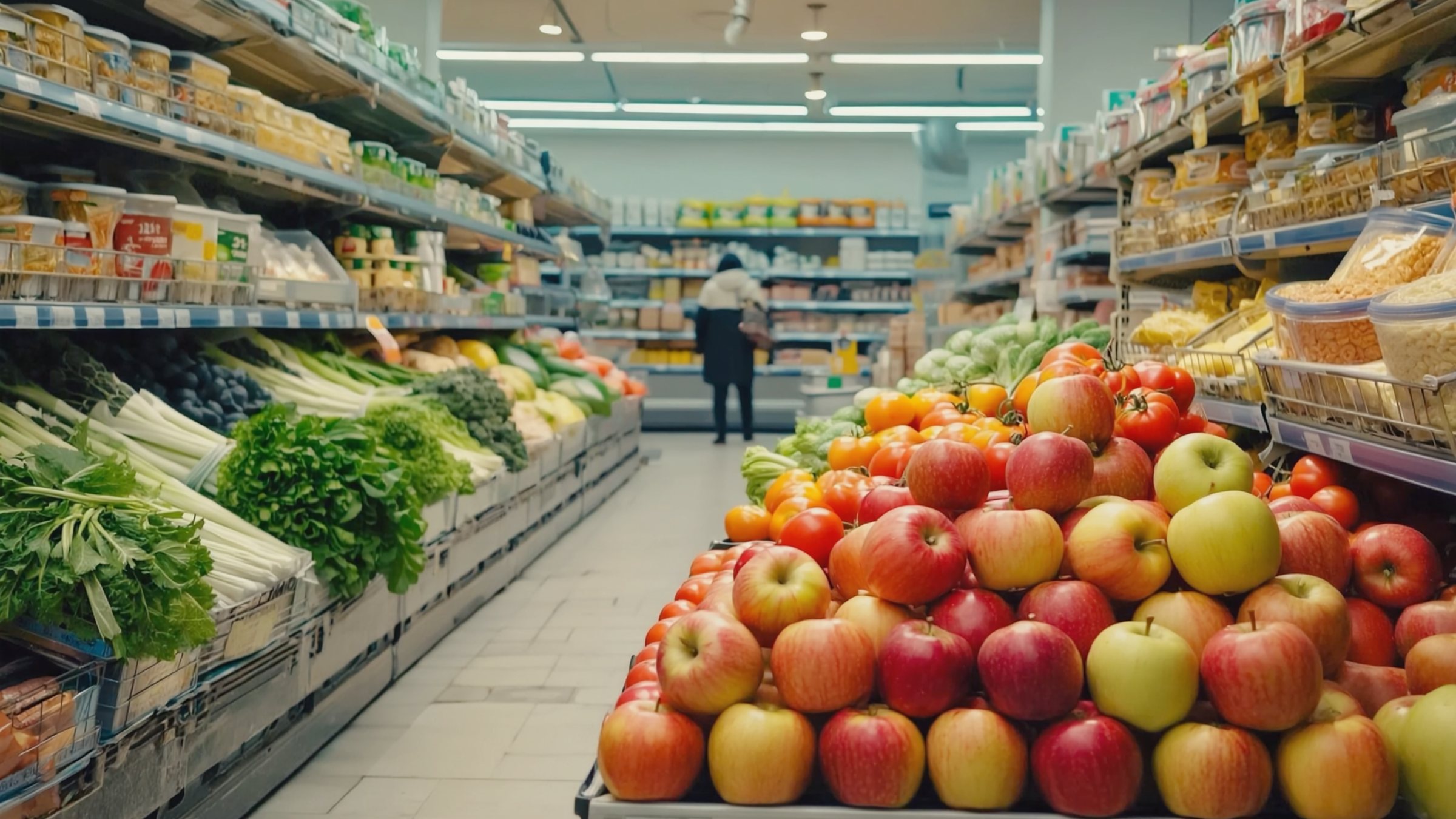 Fresh produce in a supermarket aisle