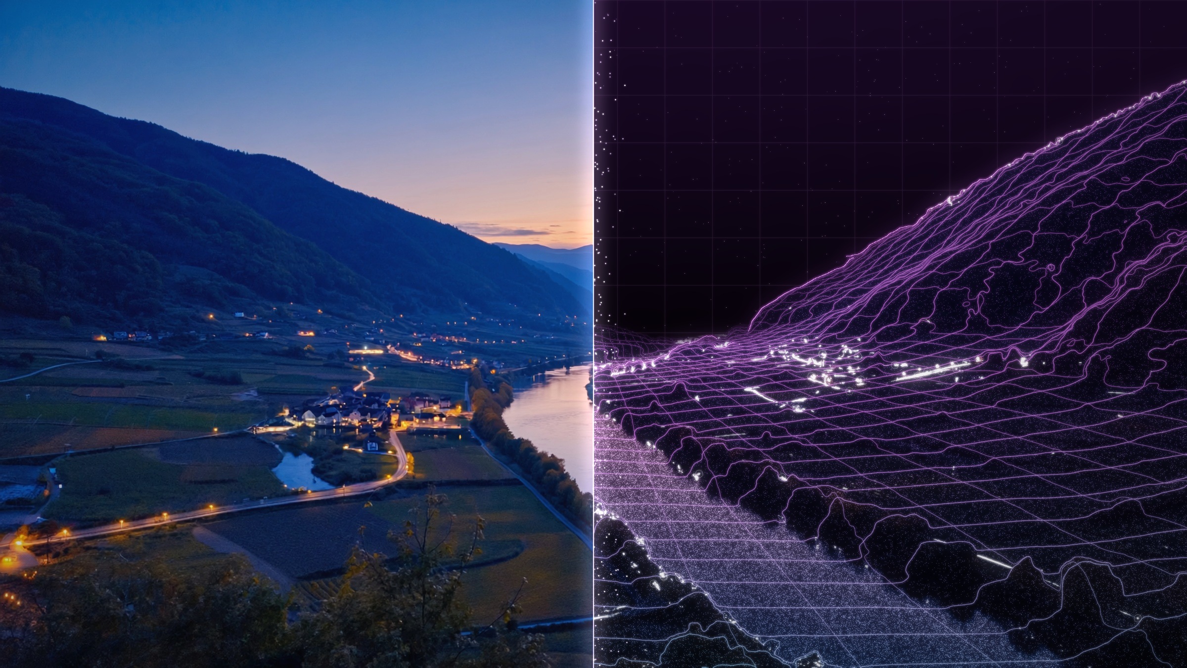 A river valley at dusk, split down the middle: real on one side, rebuilt as Realm’s measured model on the other