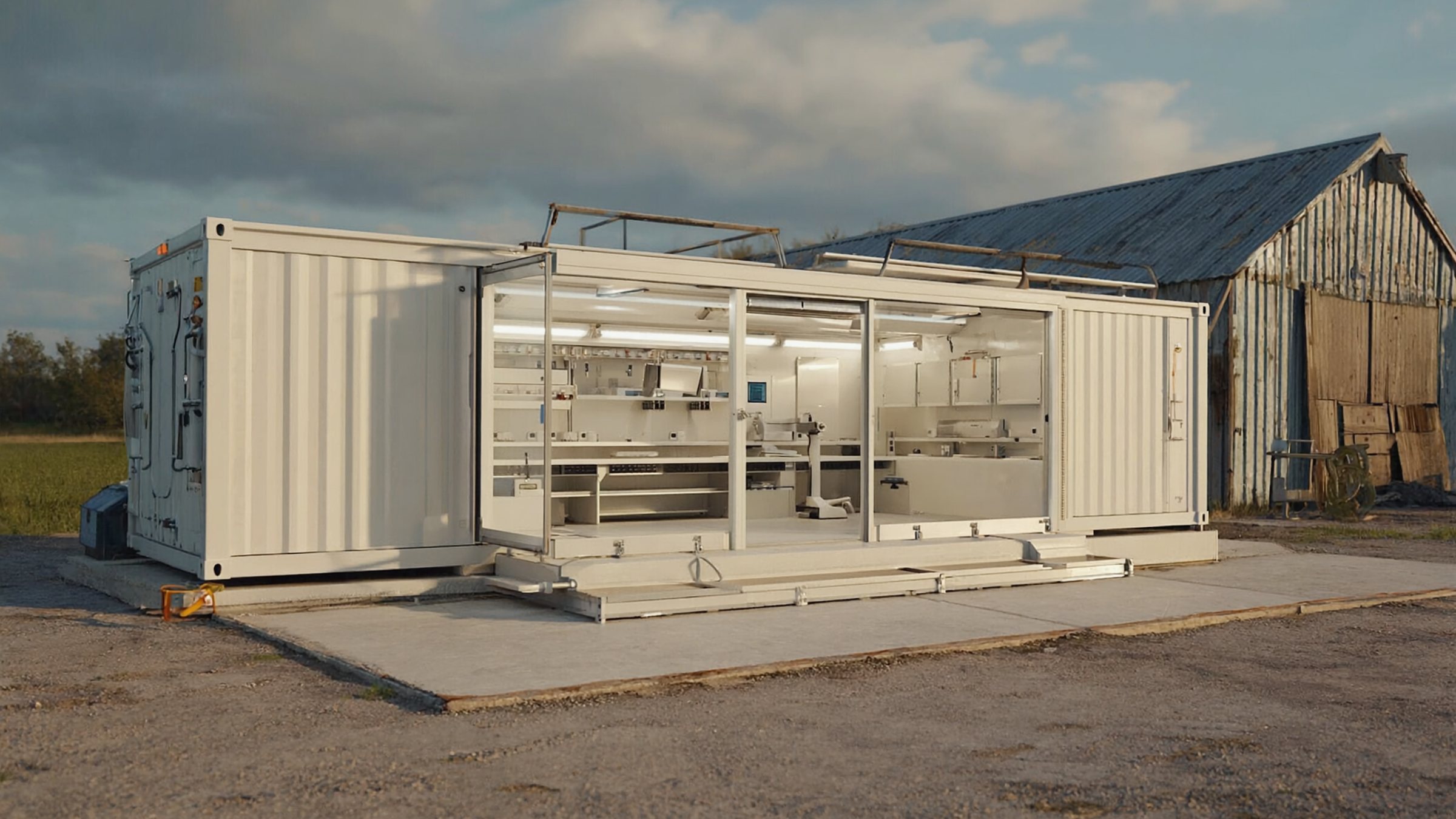 A Robolab module open on site, with benches, instruments and a robot arm inside