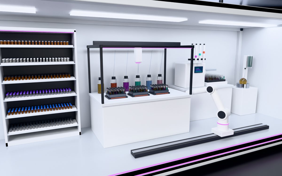 Render of Robosynth Molecular: racks of building block vials, heated reactor blocks under a needle gantry, flash purification and a rotary evaporator