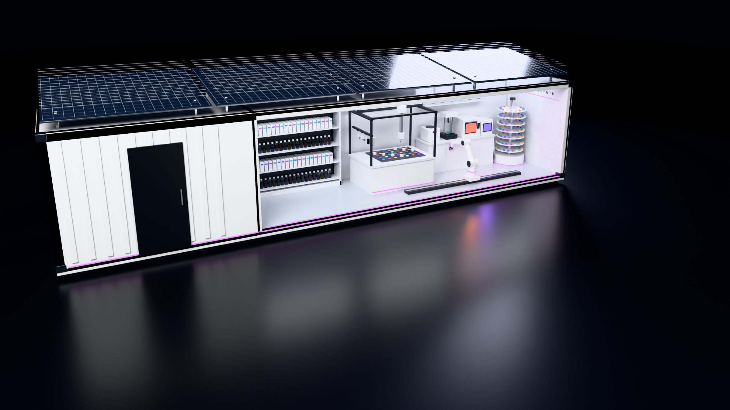 Render of a Robosynth unit, a 40 foot container cut away to show the synthesis cell inside